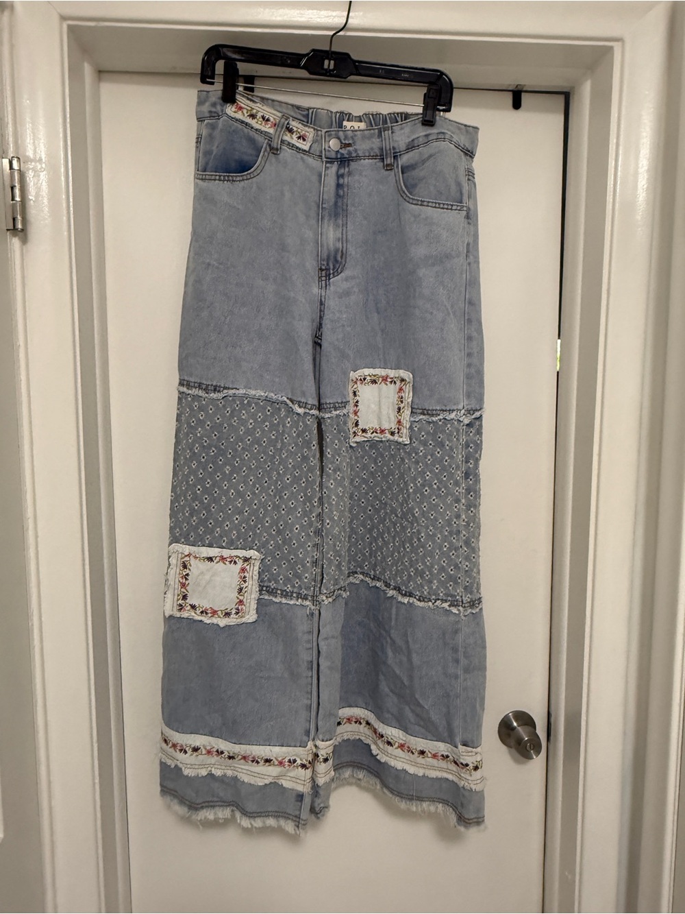 POL Light Blue Patchwork Wide-Leg Jeans with Floral Trim